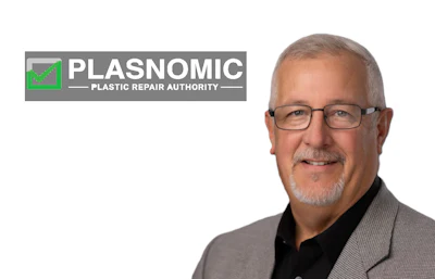 PLASNOMIC Plastic Repair Authority logo with professional headshot of male executive