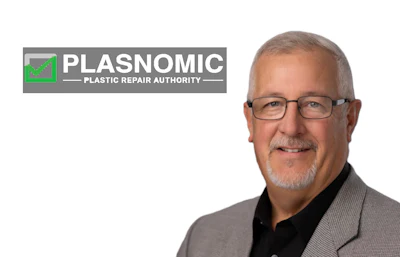 PLASNOMIC Plastic Repair Authority logo with professional headshot of male executive