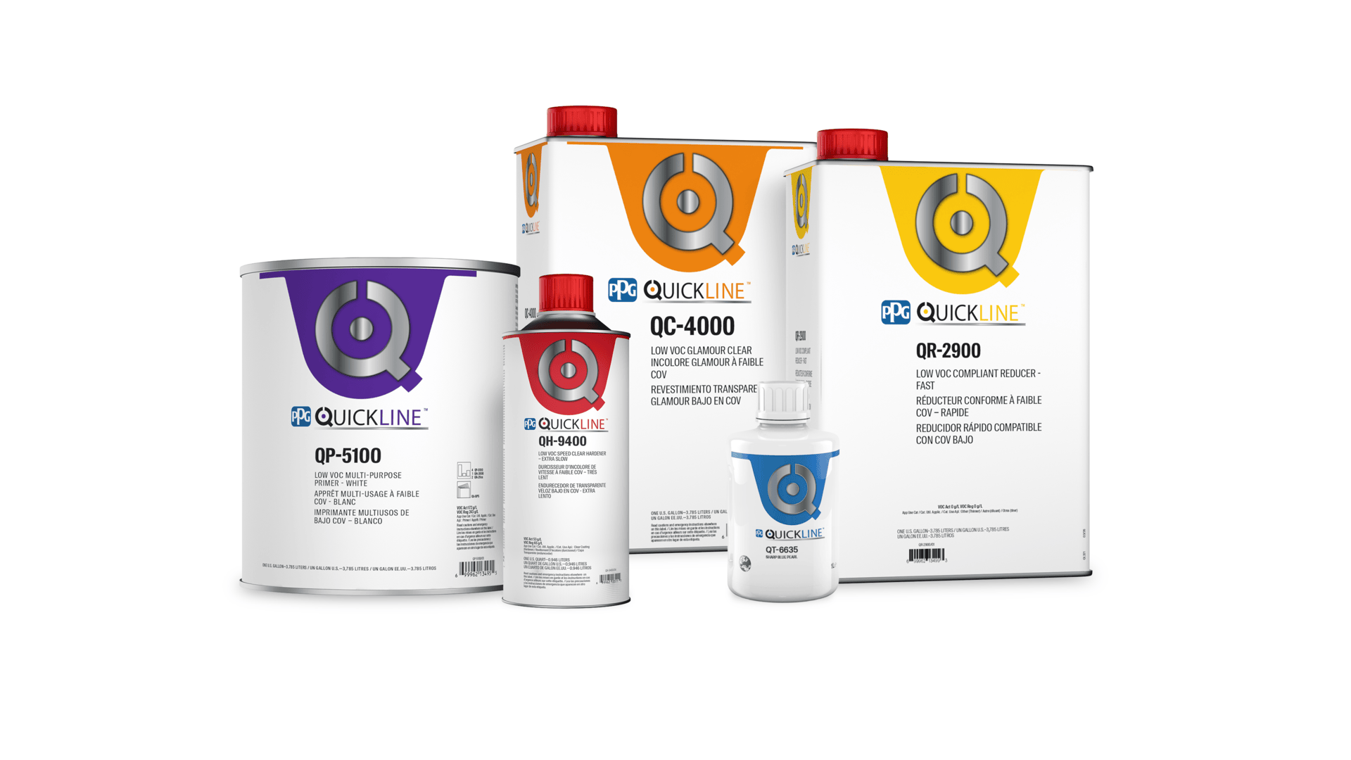 Quickline brand paint and coating products including cans and containers in various sizes with purple, orange, yellow, and blue labels