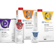 Quickline brand paint and coating products including cans and containers in various sizes with purple, orange, yellow, and blue labels