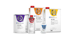 Quickline brand paint and coating products including cans and containers in various sizes with purple, orange, yellow, and blue labels