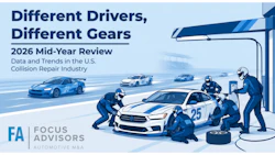 2026 Mid-Year Review infographic on U.S. collision repair industry trends featuring illustrated race cars and pit crew workers by Focus Advisors