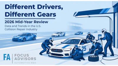2026 Mid-Year Review infographic on U.S. collision repair industry trends featuring illustrated race cars and pit crew workers by Focus Advisors