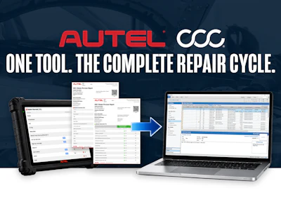 Autel CCC diagnostic software platform displayed across tablet and laptop devices with repair cycle workflow