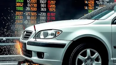 Silver SUV with water splash effect and stock market data overlay in background