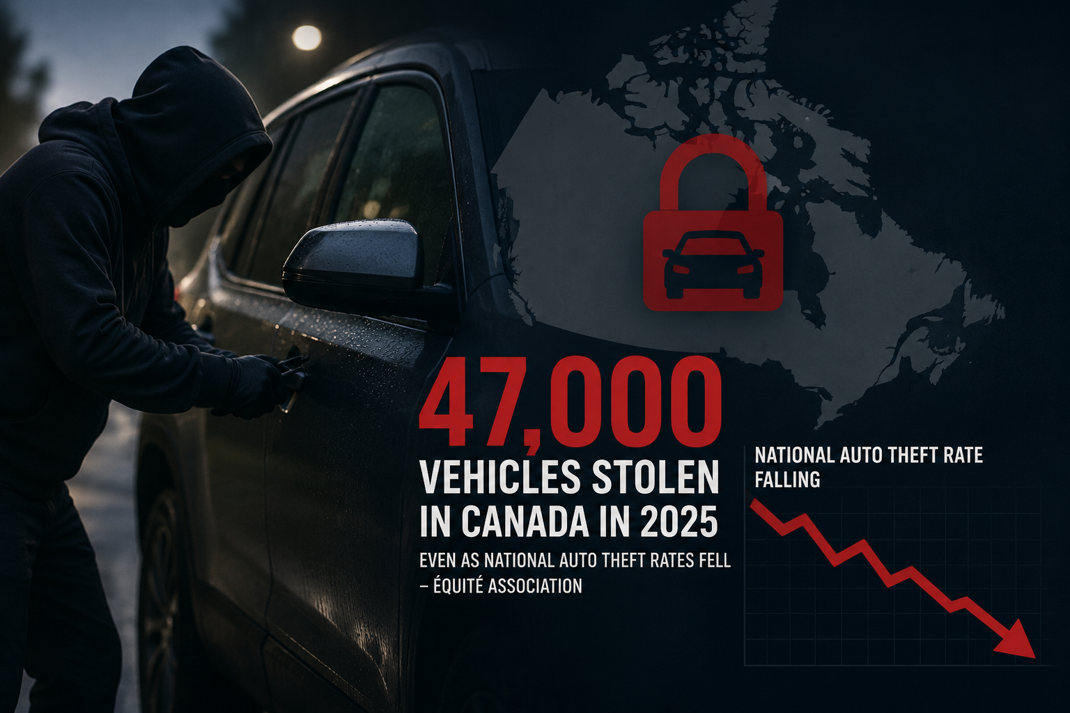 Auto theft infographic showing 47,000 vehicles stolen in Canada in 2025 with declining national theft rates