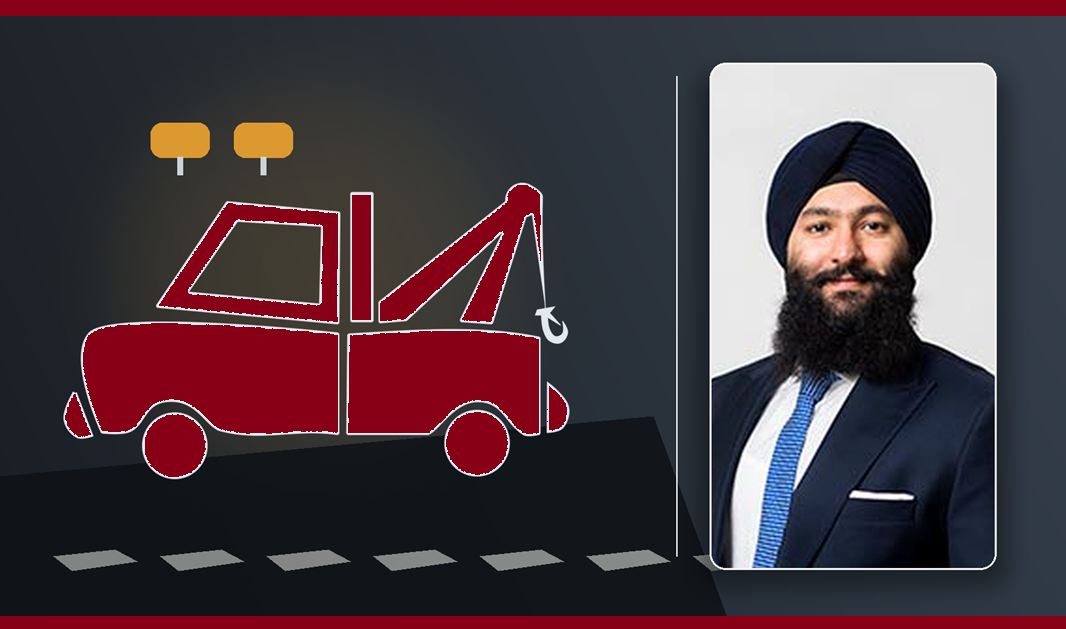 Professional towing service profile featuring red tow truck illustration and business portrait of man in navy suit