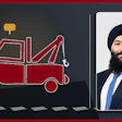 Professional towing service profile featuring red tow truck illustration and business portrait of man in navy suit