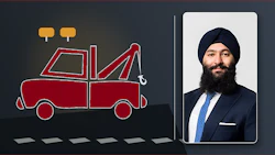Professional towing service profile featuring red tow truck illustration and business portrait of man in navy suit