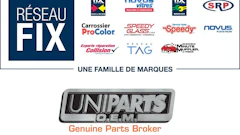 Réseau FIX brand family network showing affiliated automotive service brands including Carrossier ProColor, Novus, Speedy Glass, SRP, TAG, Minute Muffler, and Uniparts OEM