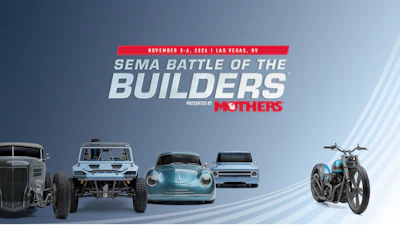 SEMA Battle of the Builders event banner featuring custom vehicles and motorcycles, November 3-4, 2024, Las Vegas, presented by Mothers