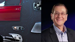 Professional man in glasses and blazer alongside automotive headlights and red car door with circuit board overlay