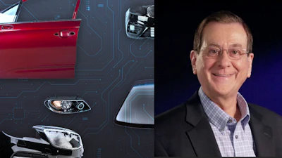 Professional man in glasses and blazer alongside automotive headlights and red car door with circuit board overlay