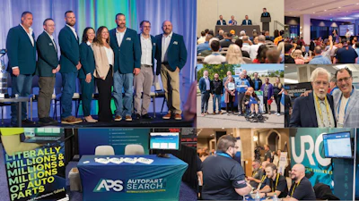 Corporate event collage showing business professionals at APS AutoPart Search conference with panels, networking, and exhibition booths