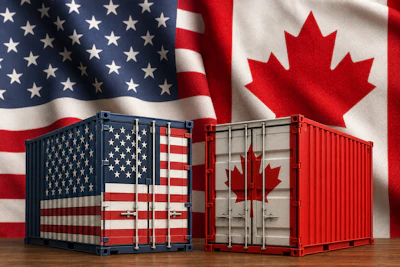US and Canadian flag-decorated shipping containers symbolizing international trade between America and Canada