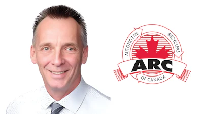 Professional headshot of smiling man in light blue shirt and tie next to ARC of Canada automotive recyclers logo featuring red maple leaf