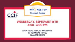 WIN Meet-Up event poster for Montreal, Quebec on Wednesday, September 16th from 4-6 PM at Montreal Airport Marriott, featuring CCIF logo