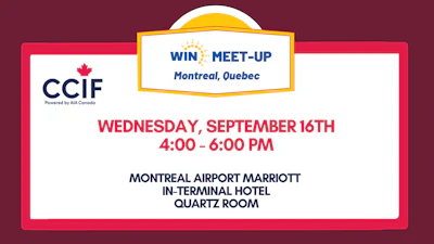 WIN Meet-Up event poster for Montreal, Quebec on Wednesday, September 16th from 4-6 PM at Montreal Airport Marriott, featuring CCIF logo