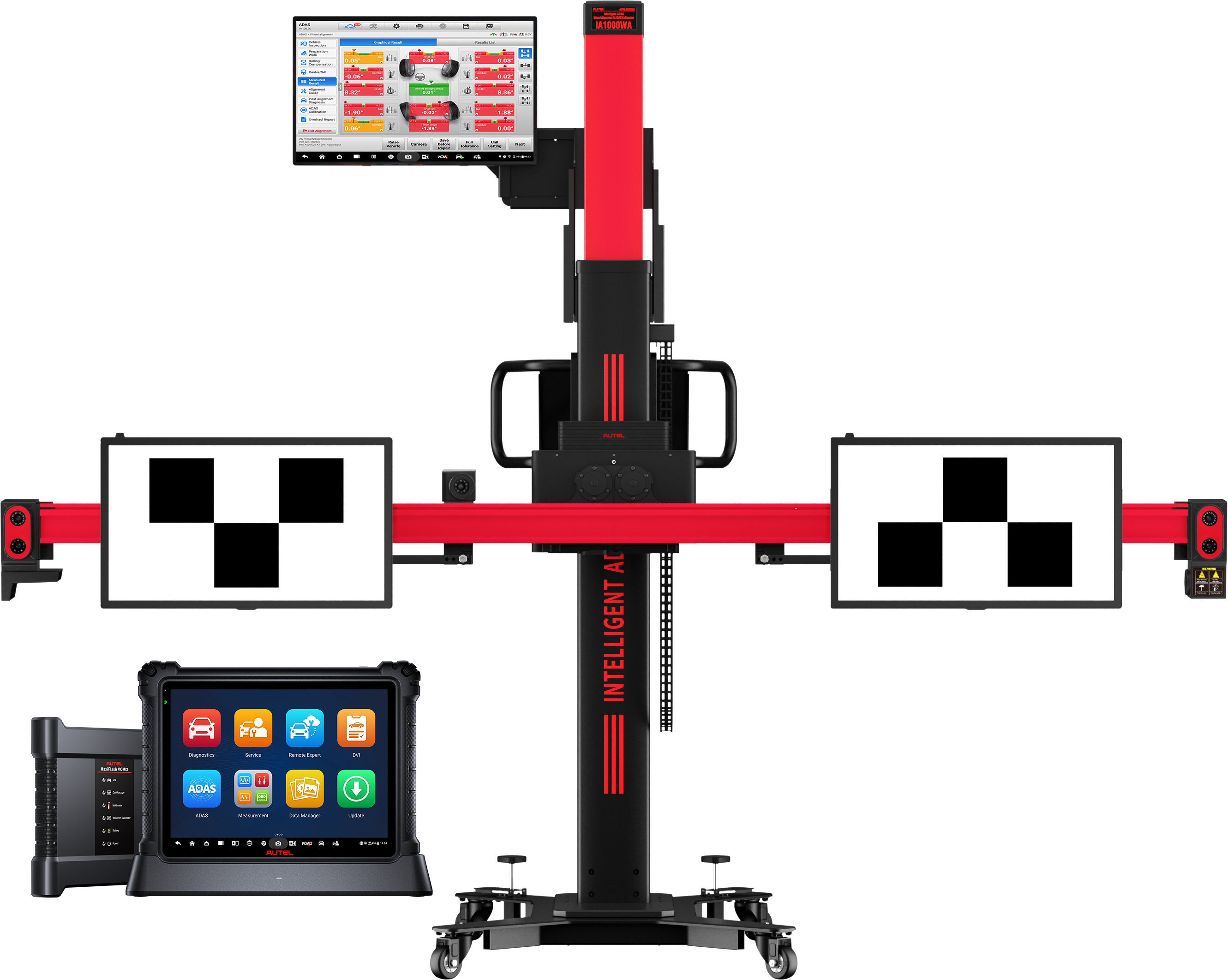 Professional wheel alignment diagnostic system with dual monitor displays, red and black frame, calibration targets, and digital control tablet.