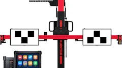 Professional wheel alignment diagnostic system with dual monitor displays, red and black frame, calibration targets, and digital control tablet.