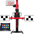 Professional wheel alignment diagnostic system with dual monitor displays, red and black frame, calibration targets, and digital control tablet.