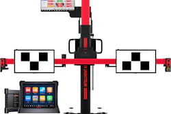 Professional wheel alignment diagnostic system with dual monitor displays, red and black frame, calibration targets, and digital control tablet.