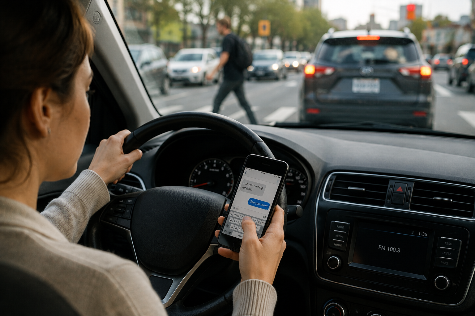 Driver holding smartphone while operating vehicle in traffic, demonstrating distracted driving hazard