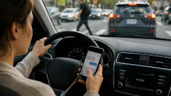 Driver holding smartphone while operating vehicle in traffic, demonstrating distracted driving hazard
