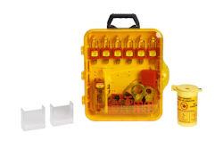Yellow plastic tool organizer case with compartments, black handle, two clear storage boxes, and cylindrical container