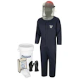 Oberon PPE safety kit with navy coverall, red helmet, face shield, black gloves, and white bucket