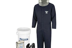 Oberon PPE safety kit with navy coverall, red helmet, face shield, black gloves, and white bucket