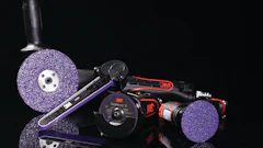 3M abrasive grinding and cutting tools collection including purple discs, angle grinder attachment, and cutting wheels on black background