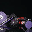 3M abrasive grinding and cutting tools collection including purple discs, angle grinder attachment, and cutting wheels on black background