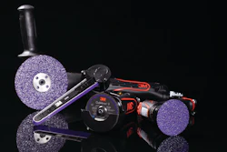 3M abrasive grinding and cutting tools collection including purple discs, angle grinder attachment, and cutting wheels on black background