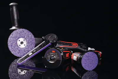 3M abrasive grinding and cutting tools collection including purple discs, angle grinder attachment, and cutting wheels on black background