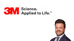 3M company logo with Science. Applied to Life. tagline and professional headshot of a man in navy blazer