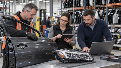 Three automotive professionals inspecting a vehicle headlight assembly in a manufacturing facility workshop.