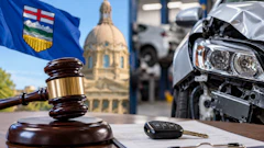 Legal gavel with damaged vehicle, car keys, and Alberta flag backdrop representing automotive accident litigation