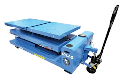 Blue hydraulic lift table with perforated platform and manual pump lever by Atlas