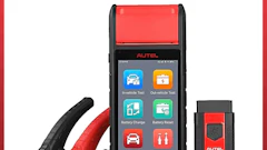 Autel MaxiBas BT608 car battery diagnostic tool with red and black jumper cables and wireless OBD scanner module