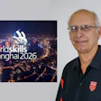 Professional man in black and red polo shirt next to WorldSkills Shanghai 2026 event logo with cityscape background