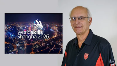 Professional man in black and red polo shirt next to WorldSkills Shanghai 2026 event logo with cityscape background