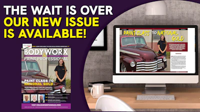 BodyWorx Paint Professional magazine cover featuring classic car restoration project with digital display mockup