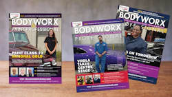 Three BODYWORX Professional magazine covers featuring paint class training and collision repair professionals