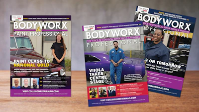 Three BODYWORX Professional magazine covers featuring paint class training and collision repair professionals