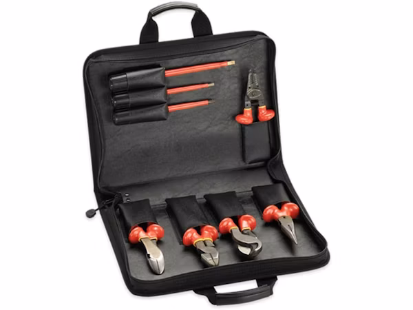 Black tool kit case with organized hand tools including screwdrivers, pliers, and wrenches with orange and red handles