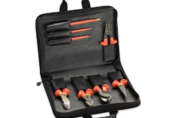 Black tool kit case with organized hand tools including screwdrivers, pliers, and wrenches with orange and red handles