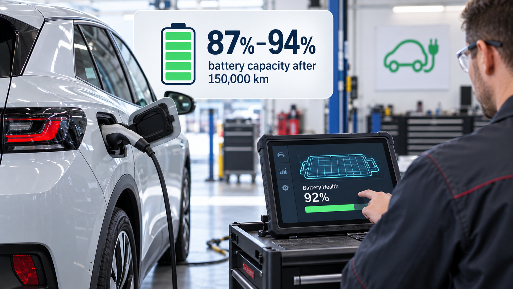 Technician checking electric vehicle battery health at 92% capacity using diagnostic tablet in service center