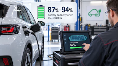 Technician checking electric vehicle battery health at 92% capacity using diagnostic tablet in service center