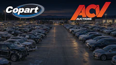 Copart and ACV Auctions logos displayed over a sprawling vehicle auction lot at dusk with rows of parked cars